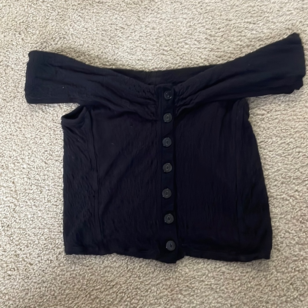 Free People stretch textured off the shoulder button down cropped top